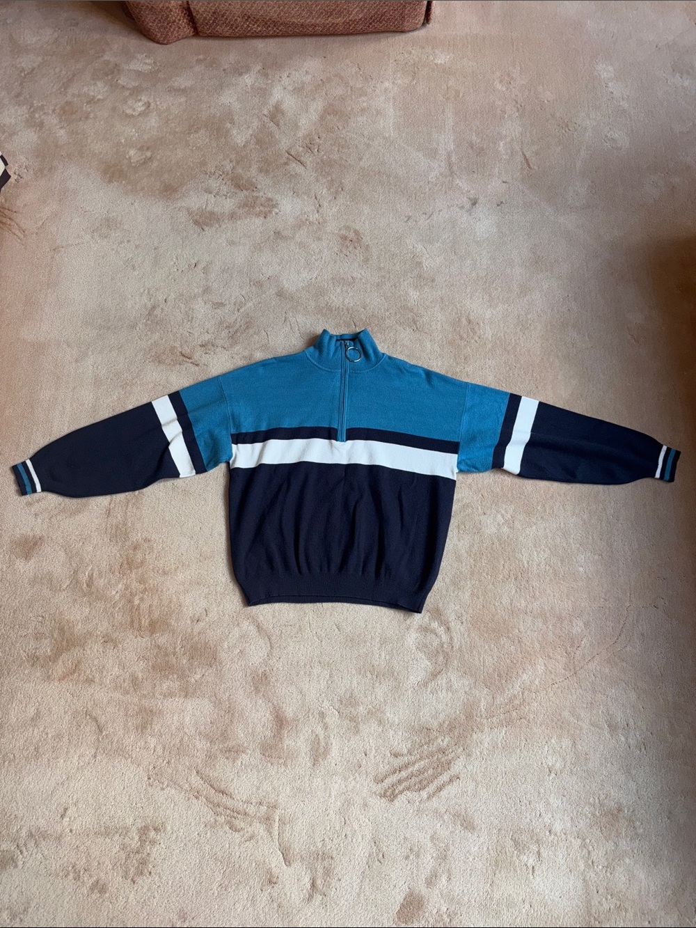 Small Urban Outfitters Blue, White, and Navy Quarter-Zip Stripe Sweater